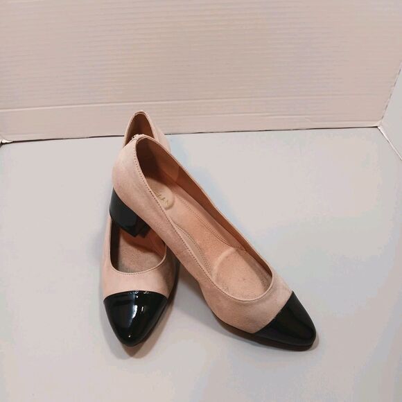 Cole Haan W26302 Suede Cap Toe Block Heel Pumps Tan/Nude Black Patent 8B - Picture 6 of 11